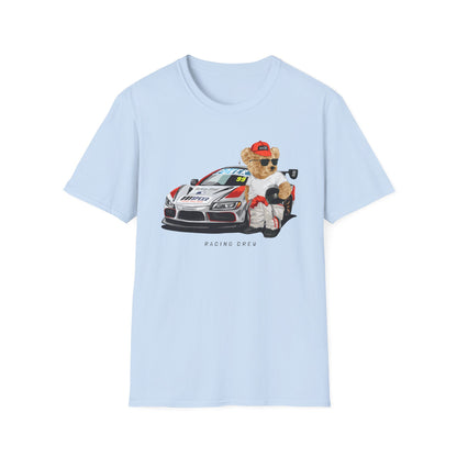 Racing Bear Unisex T-Shirt, Cute Animal Apparel, Car Lovers Gift, Fun Racing Shirt, Gift for Him/Her Light Blue