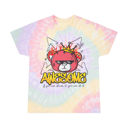 Unisex "Awesome" Tie Dye T-Shirt – Streetwear Graphic Tee with Flaming Crown Bear & Motivational Quote – Soft Cotton Pastel Shirt