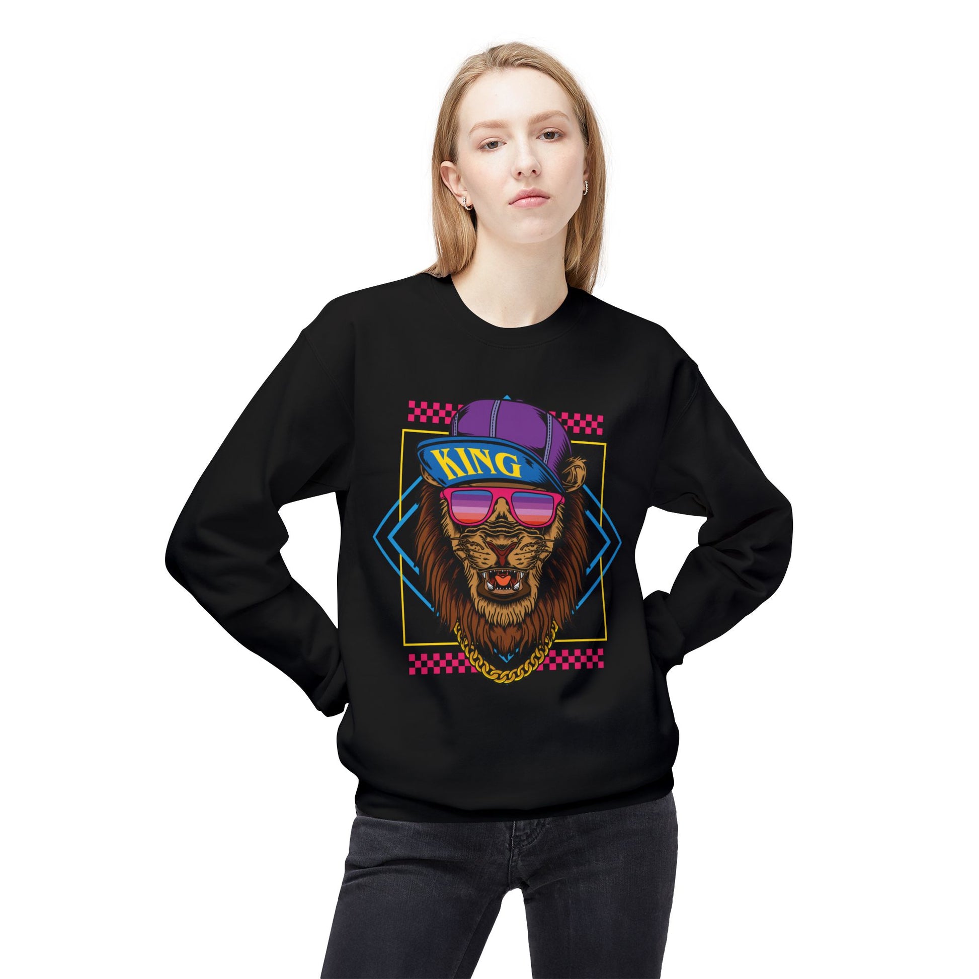 King Lion Graphic Crewneck Sweatshirt, Cozy Streetwear, Unisex Gift, Funny Animal Sweatshirt, Retro Style Apparel, Perfect for Any Occasion