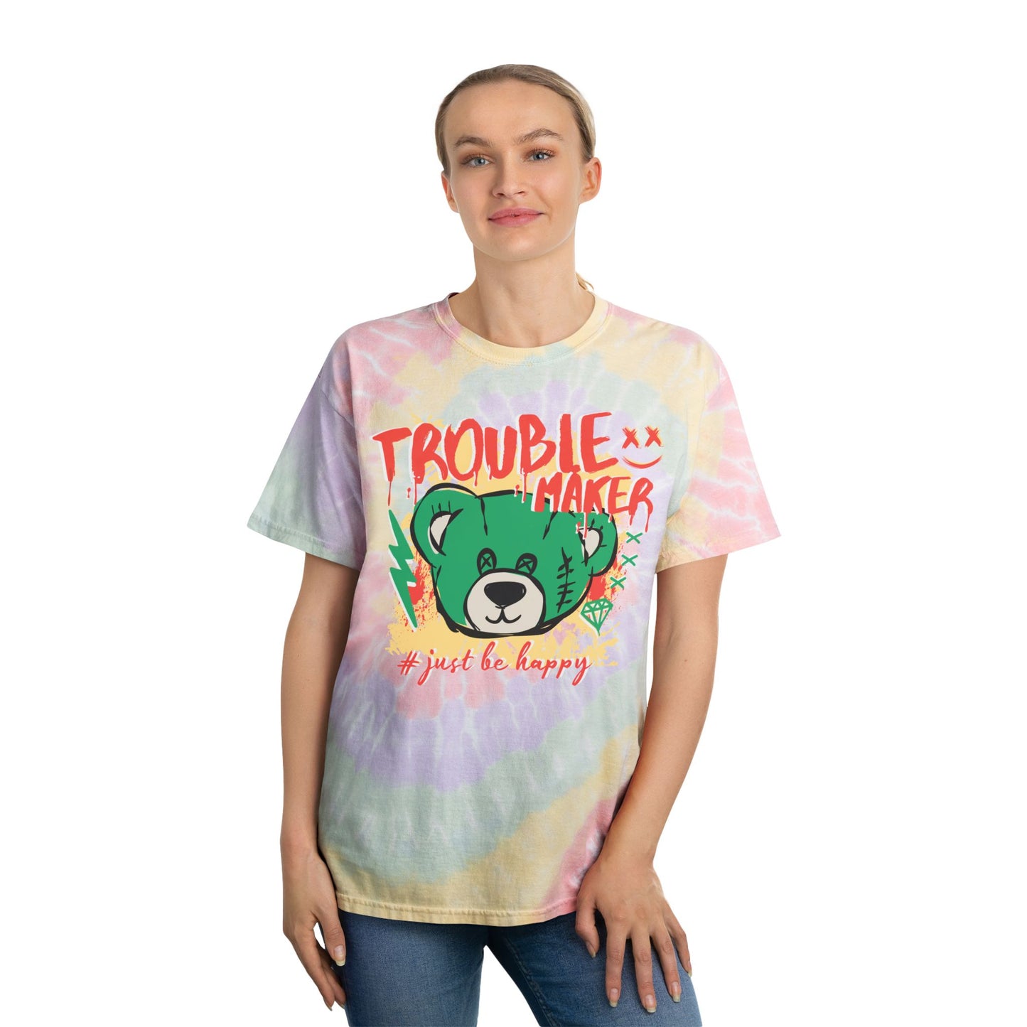 Unisex Oversized "Trouble Maker" Tie Dye T-Shirt – Streetwear Graphic Tee with Green Bear & Positive Quote – Soft Cotton Relaxed Fit Hazy Rainbow