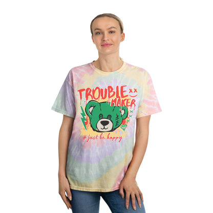 Unisex Oversized "Trouble Maker" Tie Dye T-Shirt – Streetwear Graphic Tee with Green Bear & Positive Quote – Soft Cotton Relaxed Fit Hazy Rainbow