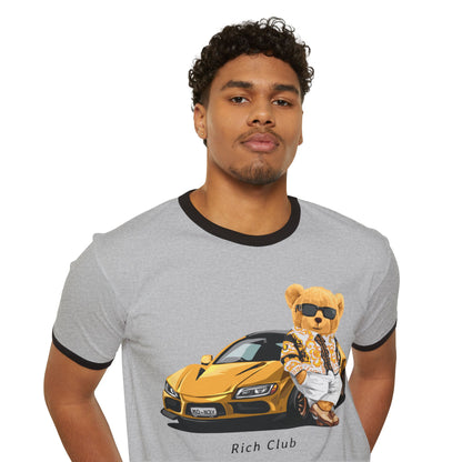 Rich Club Bear Unisex Cotton Ringer T-Shirt, Casual Wear, Streetwear, Gift for Car Lovers, Fun Graphic Tee