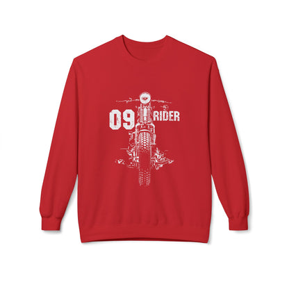 Retro Unisex Fleece Crew Sweatshirt - 09 Rider Design, Cozy Apparel, Gift for Bikers, Streetwear, Festival Wear, Everyday Comfort Red