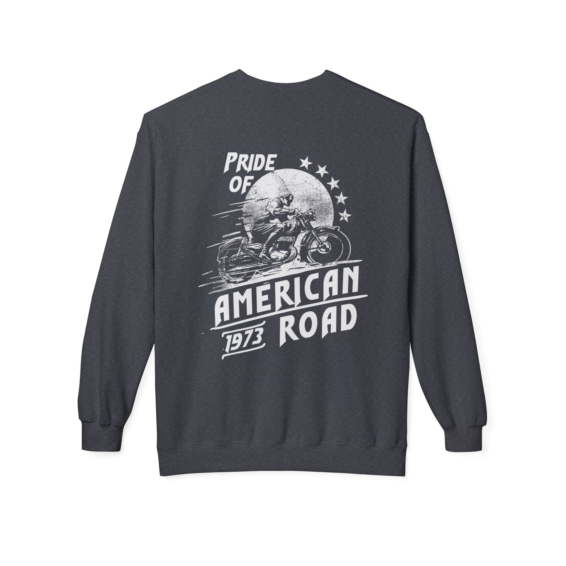 Pride of American Road Crewneck Sweatshirt, Cozy Unisex Fleece Top, Ideal Gift for Bikers, Road Trip Apparel, 1973 Vintage Style
