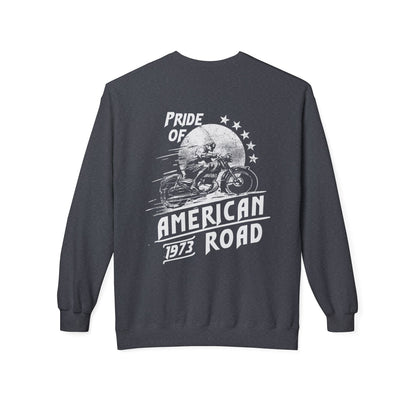 Pride of American Road Crewneck Sweatshirt, Cozy Unisex Fleece Top, Ideal Gift for Bikers, Road Trip Apparel, 1973 Vintage Style