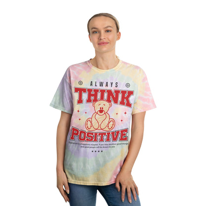Unisex "Always Think Positive" Tie Dye T-Shirt – Streetwear Graphic Tee with Teddy Bear & Inspirational Quote – Soft Cotton Hazy Rainbow
