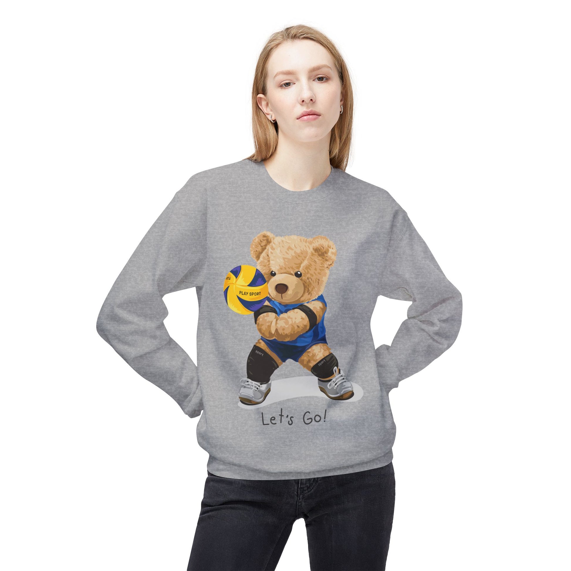 Cheerful Volleyball Bear Crewneck Sweatshirt, Cozy Fleece Top, Cute Sports Apparel, Unisex Gift for Athletes, Casual Wear, Let's Go!