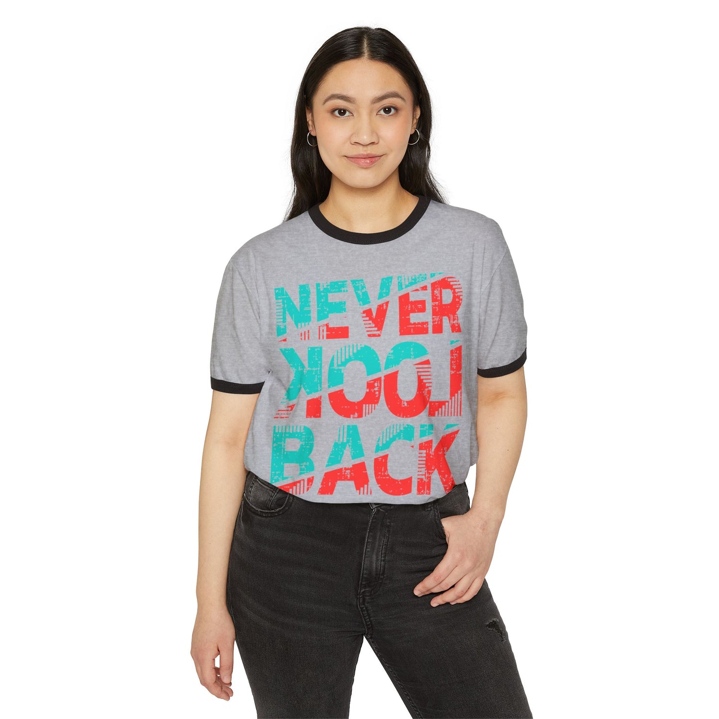 Retro Ringer T-Shirt - 'Never Look Back' Statement Tee, Casual Wear, Vintage Style, Gift for Friends, Motivational Shirt