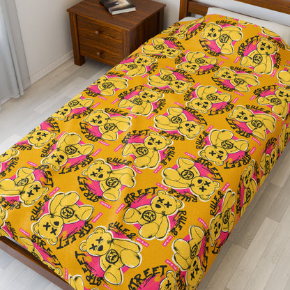 "Street Rules" Graphic Velveteen Plush Blanket – Soft Yellow Throw with Teddy Bear – Urban Graffiti Style Home Decor 60" × 80"