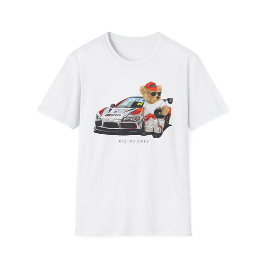 Racing Bear Unisex T-Shirt, Cute Animal Apparel, Car Lovers Gift, Fun Racing Shirt, Gift for Him/Her White