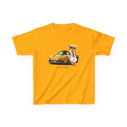 Cool Cartoon Bear Kids Tee, Fun Gift for Birthdays, Car Lovers T-Shirt, Playful Kid's Clothing, Perfect for Casual Days, Summer Fun Gold