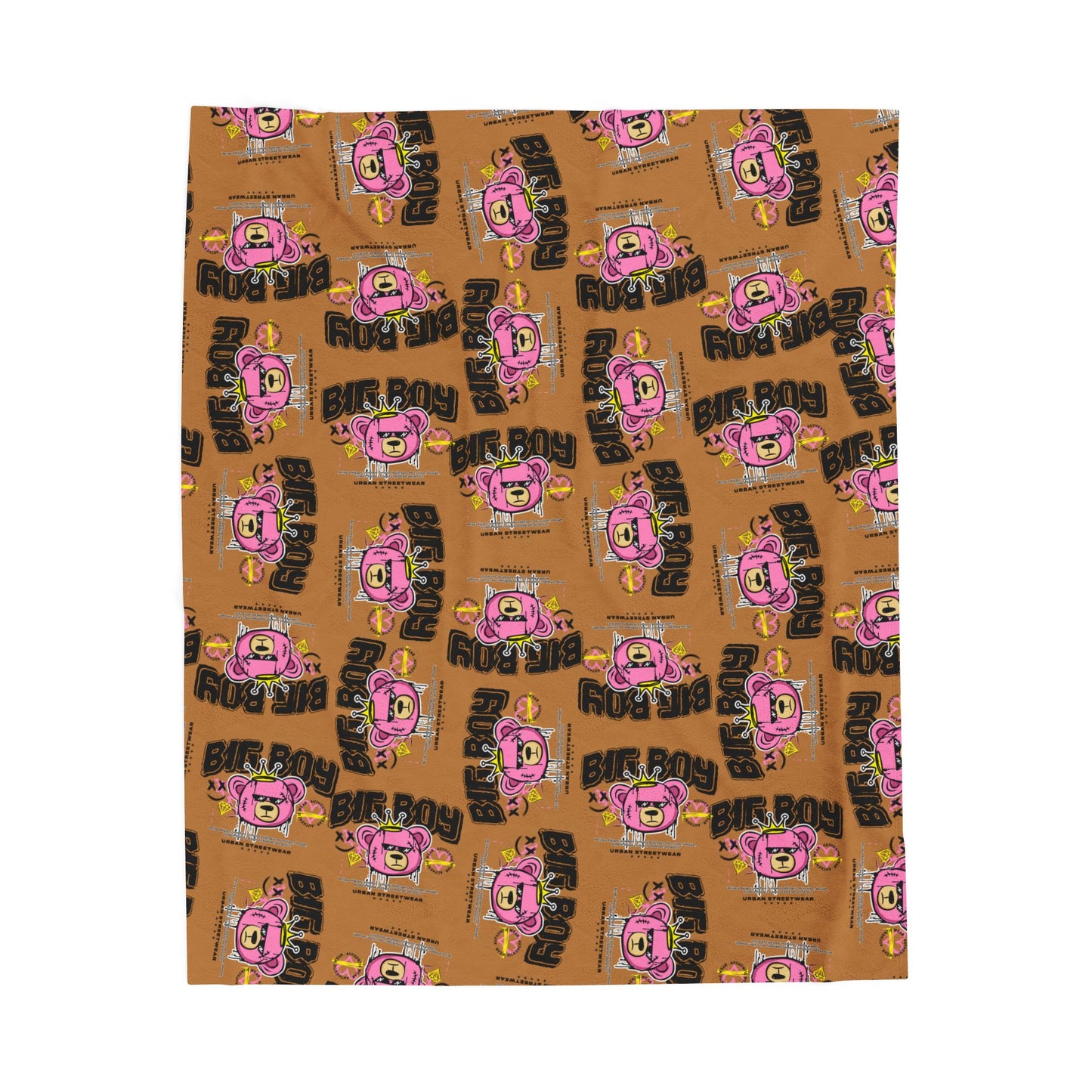 "Big Boy" Pink Bear Graphic Plush Blanket – Soft Velveteen Throw for Bed or Couch – Brown Urban Streetwear Home Decor