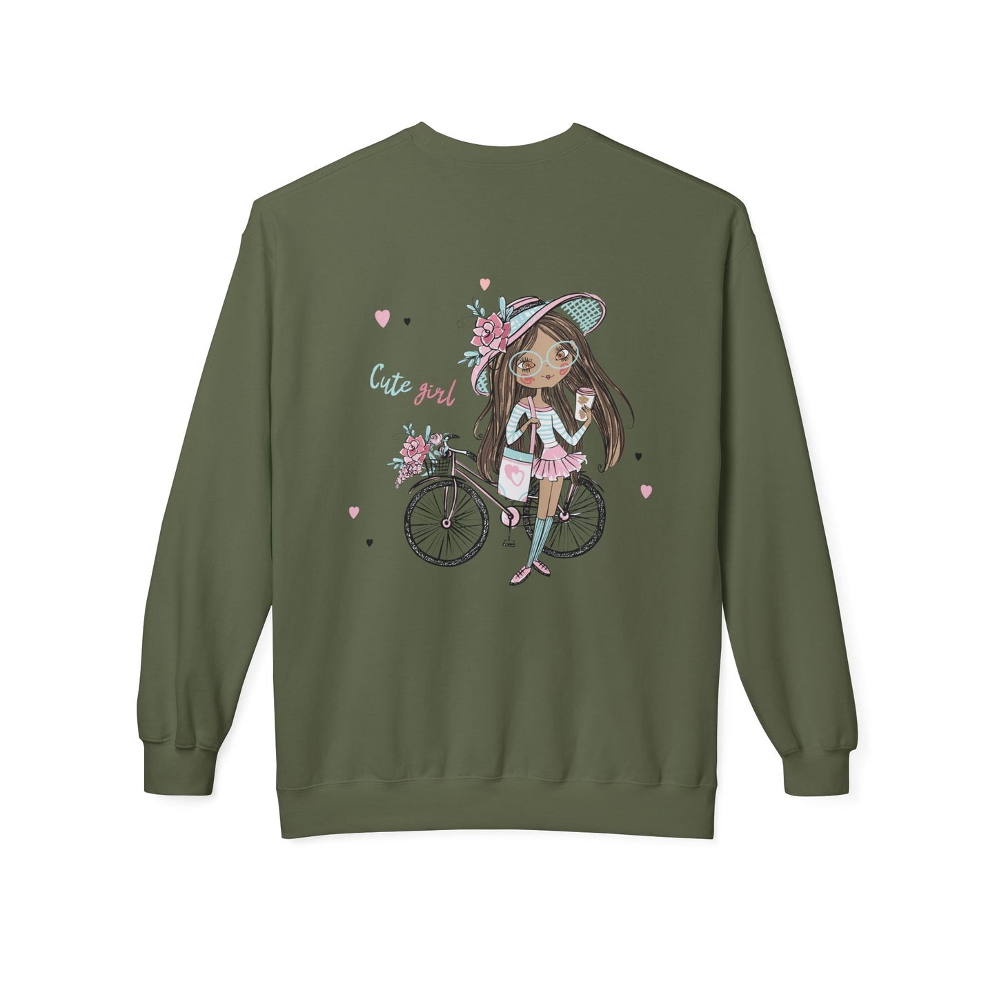Cute Girl on Bicycle Sweatshirt, Cozy Fleece Crewneck, Spring Fashion, Gift for Her, Casual Sweatshirt, Cartoon Design