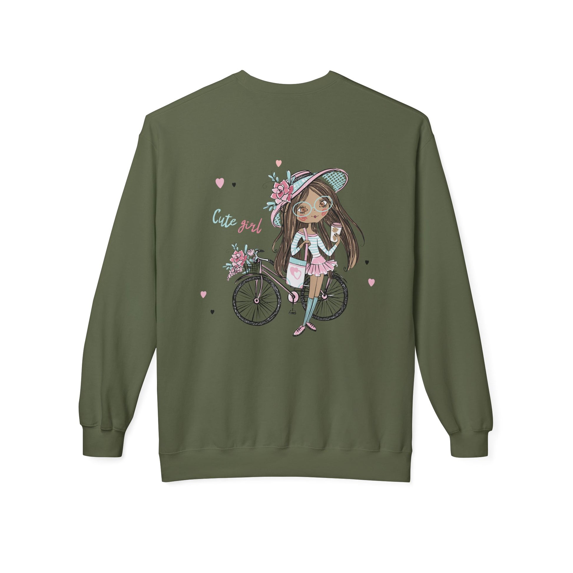 Cute Girl on Bicycle Sweatshirt, Cozy Fleece Crewneck, Spring Fashion, Gift for Her, Casual Sweatshirt, Cartoon Design