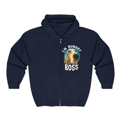 Hungry Boss Dog Hoodie, Funny Pet Lover Gift, Unisex Zip-Up Sweatshirt, Cute Animal Apparel, Ideal for Dog Owners, Cozy Layering Navy