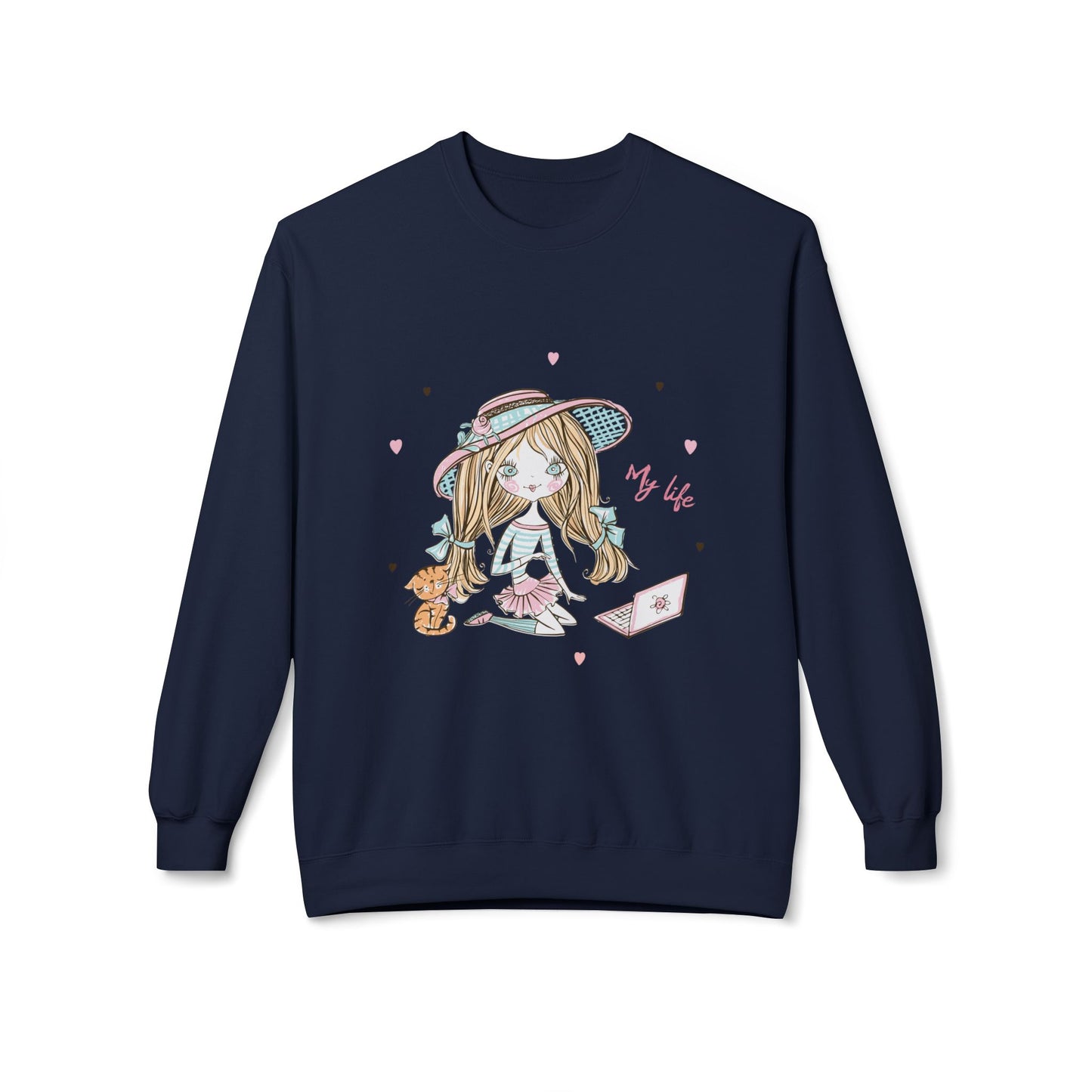 Cute Illustrated Crewneck Sweatshirt, Cozy Everyday Wear, Gift for Her, Fun Fashion, Casual Outfit, Birthday Present Navy