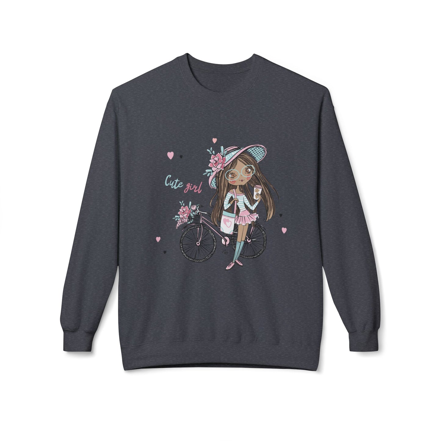 Cute Girl on Bicycle Sweatshirt, Cozy Fleece Crewneck, Spring Fashion, Gift for Her, Casual Sweatshirt, Cartoon Design Dark Heather