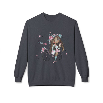 Cute Girl on Bicycle Sweatshirt, Cozy Fleece Crewneck, Spring Fashion, Gift for Her, Casual Sweatshirt, Cartoon Design Dark Heather