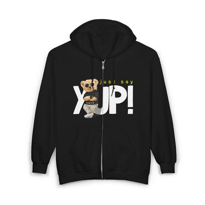 Unisex Heavy Blend Full Zip Hoodie with Cute Bear Design, Just Say Yup!