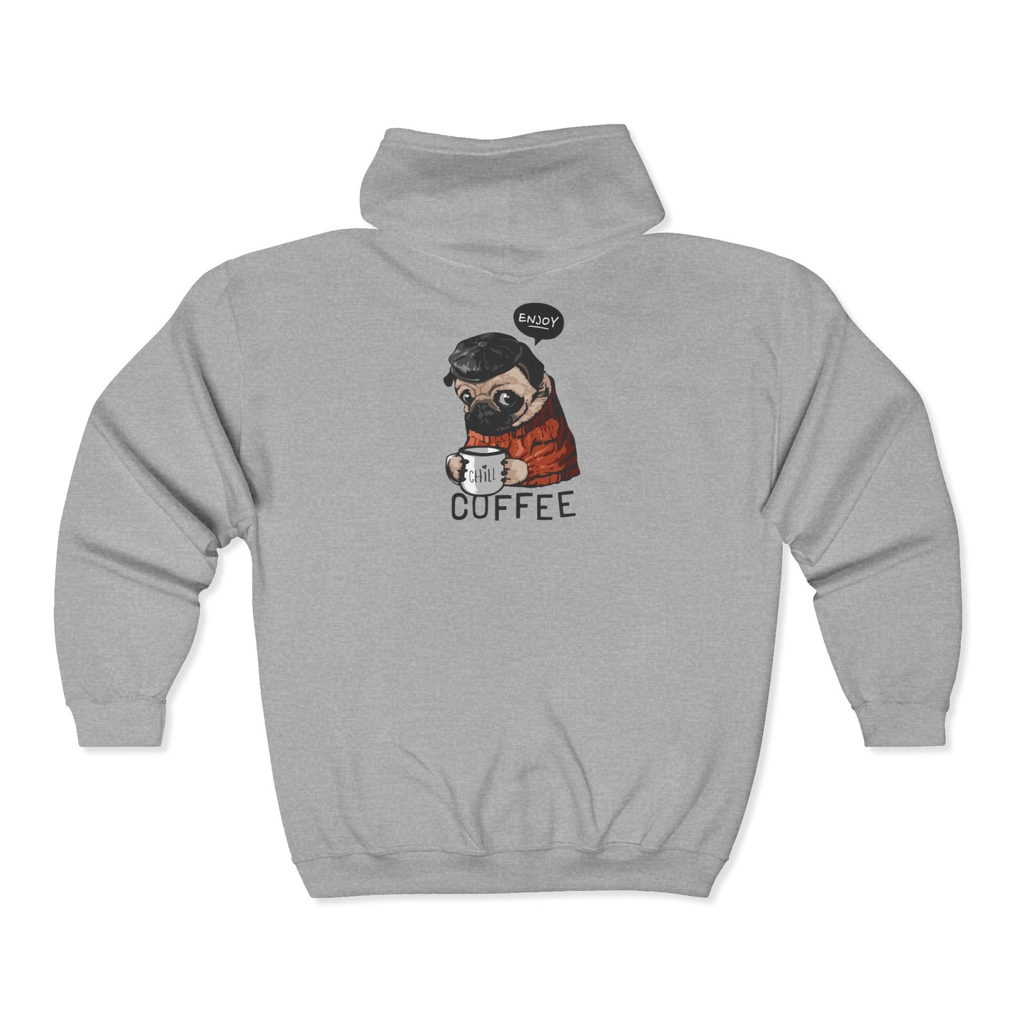 Coffee-Loving Pug Hoodie with Funny Graphic, Cozy Gift for Dog Lovers, Unisex Zip-Up Sweatshirt, Cute Pet-Themed Apparel