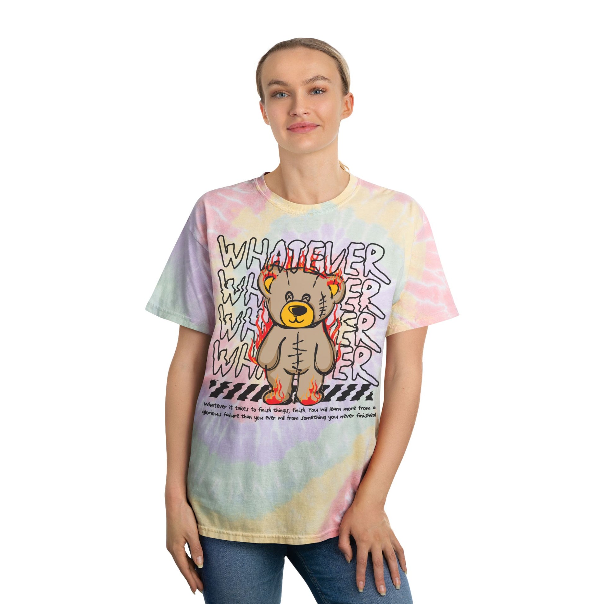 Unisex "Whatever It Takes" Tie Dye T-Shirt – Streetwear Graphic Tee with Flaming Bear & Motivational Quote – Soft Cotton Hazy Rainbow