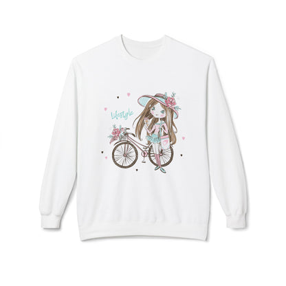 Chic Fleece Sweatshirt with Whimsical Bicycle Design - Perfect for Cozy Days, Gift for Cyclists, Cute Outfit for Spring, Birthday White
