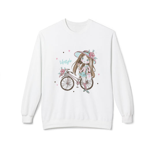 Chic Fleece Sweatshirt with Whimsical Bicycle Design - Perfect for Cozy Days, Gift for Cyclists, Cute Outfit for Spring, Birthday White