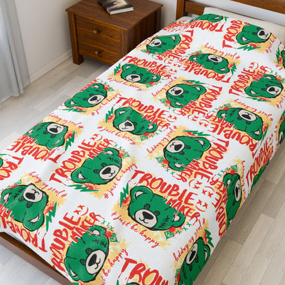 "Trouble Maker" Graphic Velveteen Plush Blanket – Soft White Throw with Green Bear & "Just Be Happy" Quote – Playful Decor 60" × 80"