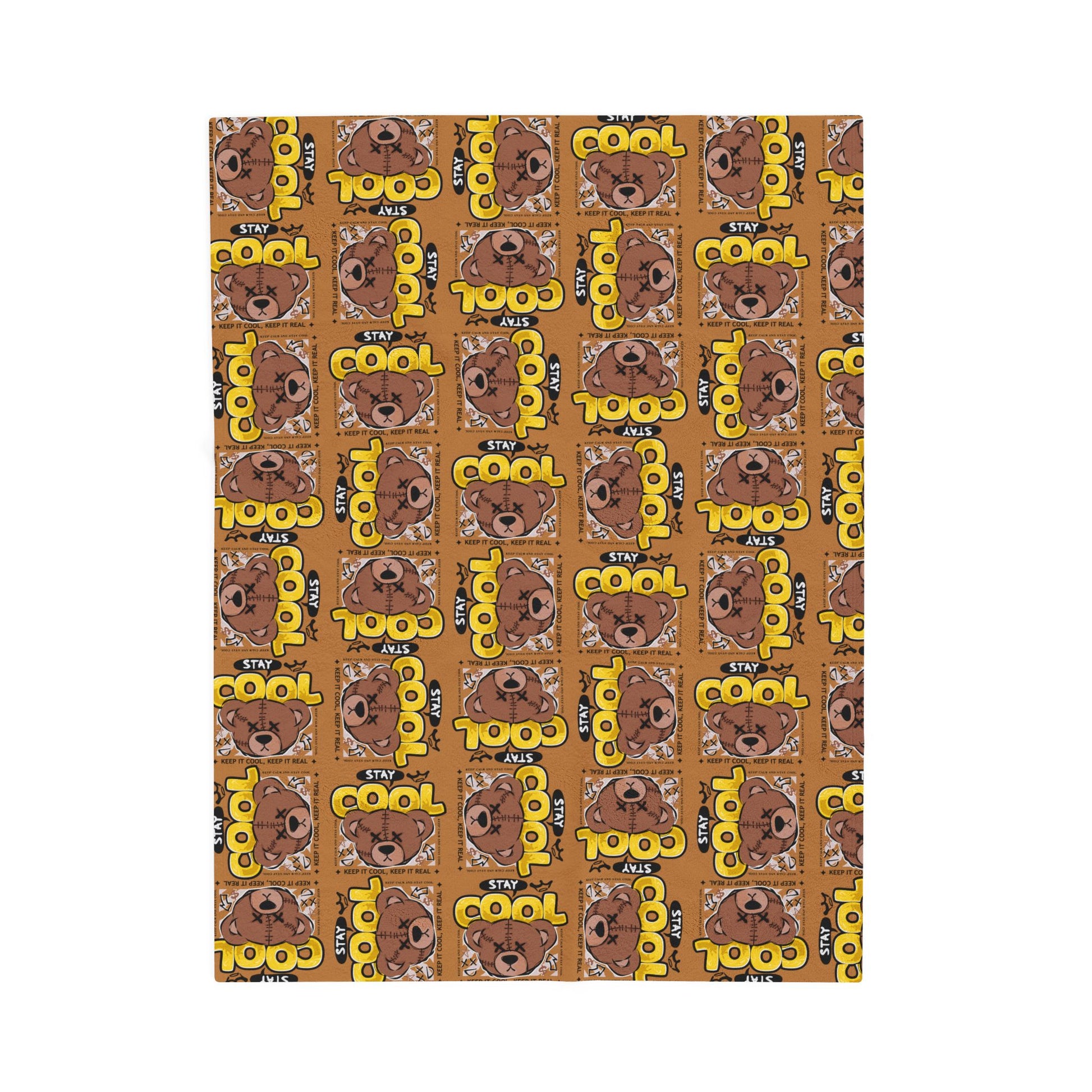 "Stay Cool" Brown Bear Graphic Velveteen Plush Blanket – Soft Throw with "Keep It Real" Quote – Urban Streetwear Home Decor