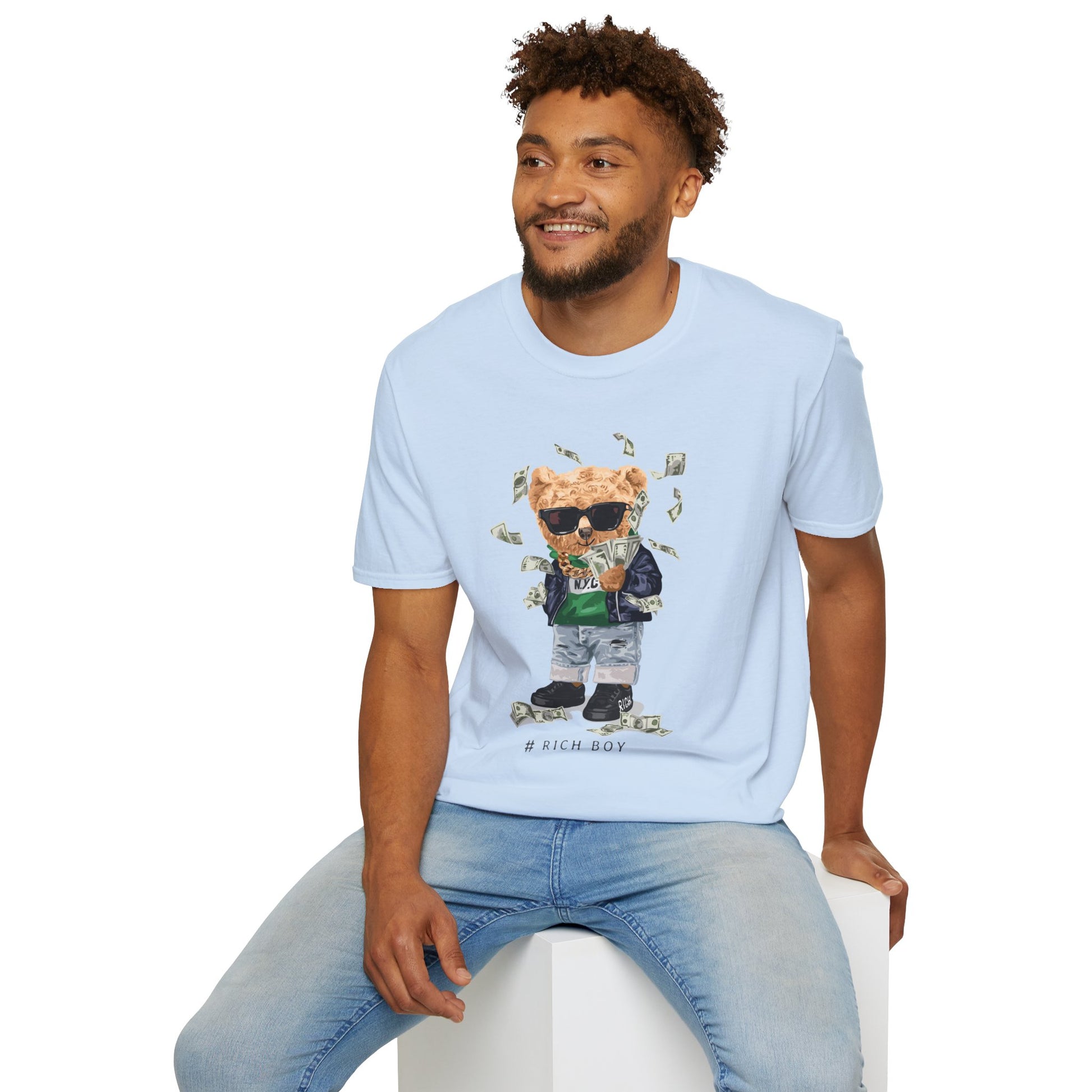 Rich Boy Graphic T-Shirt | Unisex Softstyle Tee | Cute Bear Design | Casual Wear | Gift for Kids | Birthday & Holiday
