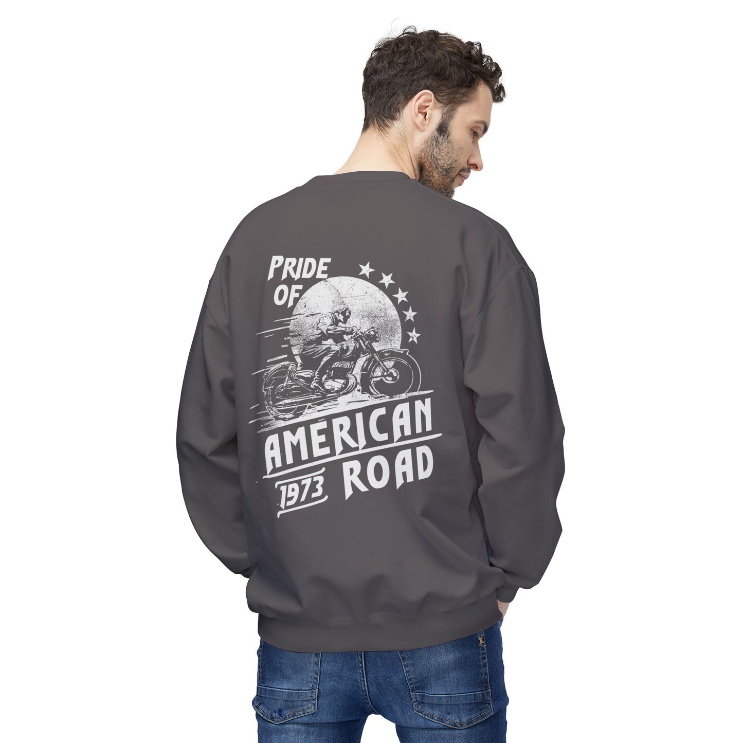 Pride of American Road Crewneck Sweatshirt, Cozy Unisex Fleece Top, Ideal Gift for Bikers, Road Trip Apparel, 1973 Vintage Style