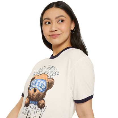 Nap Time Happy Hour Ringer T-Shirt - Cute Bear Graphic Tee, Relaxation Shirt, Gift for Sleep Lovers, Pajama Party Attire, Cozy Everyday Wear
