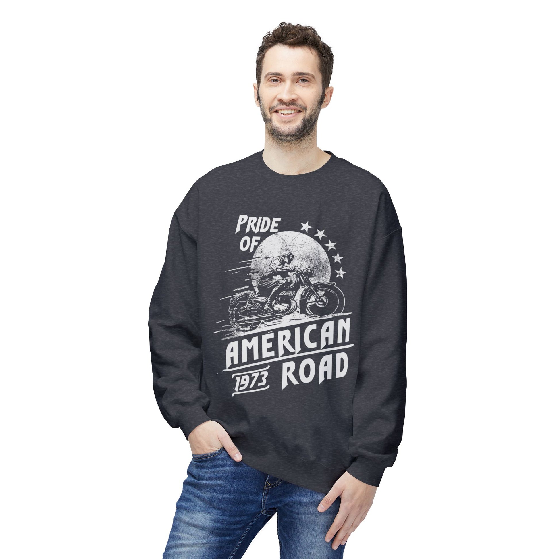 Pride of American Road Crewneck Sweatshirt, Cozy Unisex Fleece Top, Ideal Gift for Bikers, Road Trip Apparel, 1973 Vintage Style