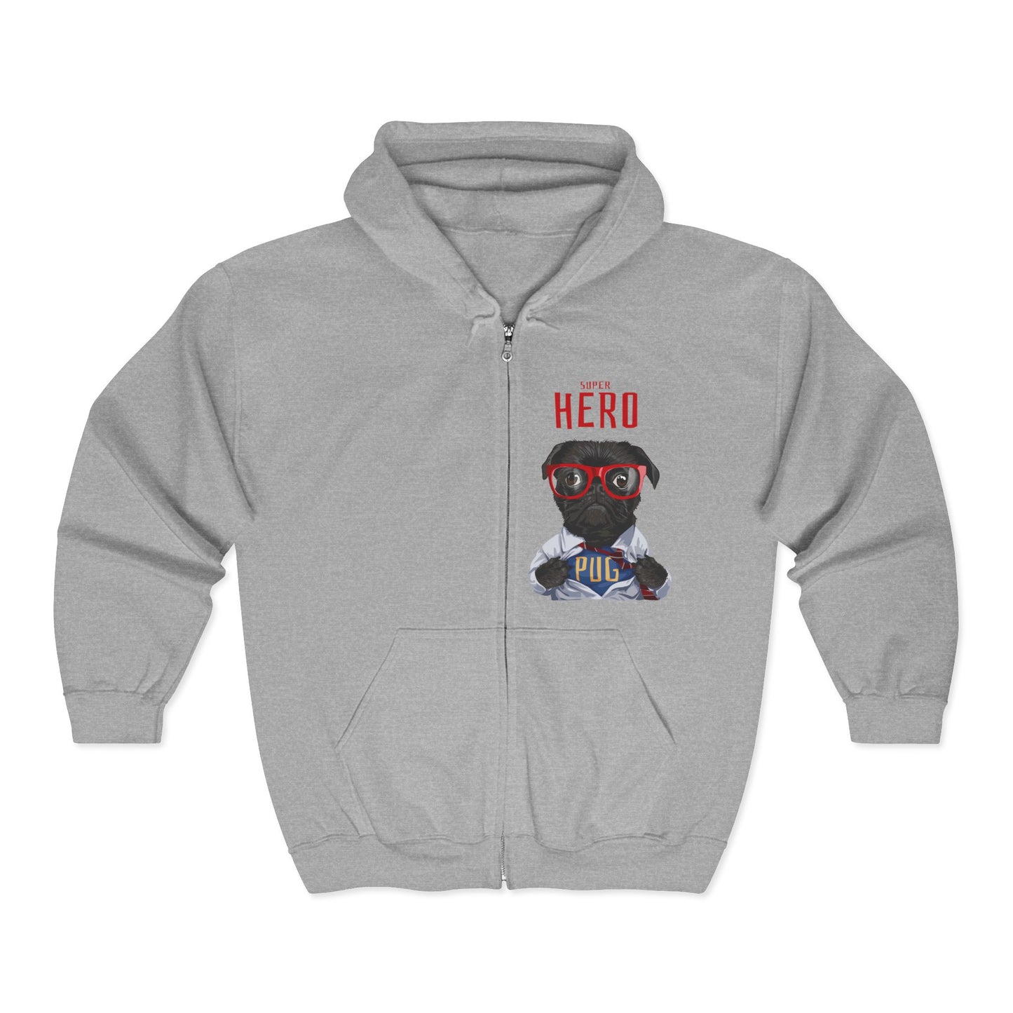 Hero Pug Full Zip Hoodie, Unisex Sweatshirt, Pet Lover Gift, Cute Hoodie, Dog Lover Apparel, Birthday Present, Funny Sweatshirt Sport Grey