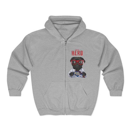 Hero Pug Full Zip Hoodie, Unisex Sweatshirt, Pet Lover Gift, Cute Hoodie, Dog Lover Apparel, Birthday Present, Funny Sweatshirt Sport Grey