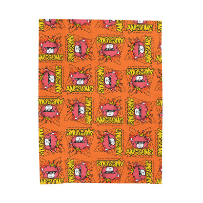"Awesome" Motivational Graphic Plush Blanket – Soft Velveteen Throw with Flaming Bear – Orange Streetwear Home Decor