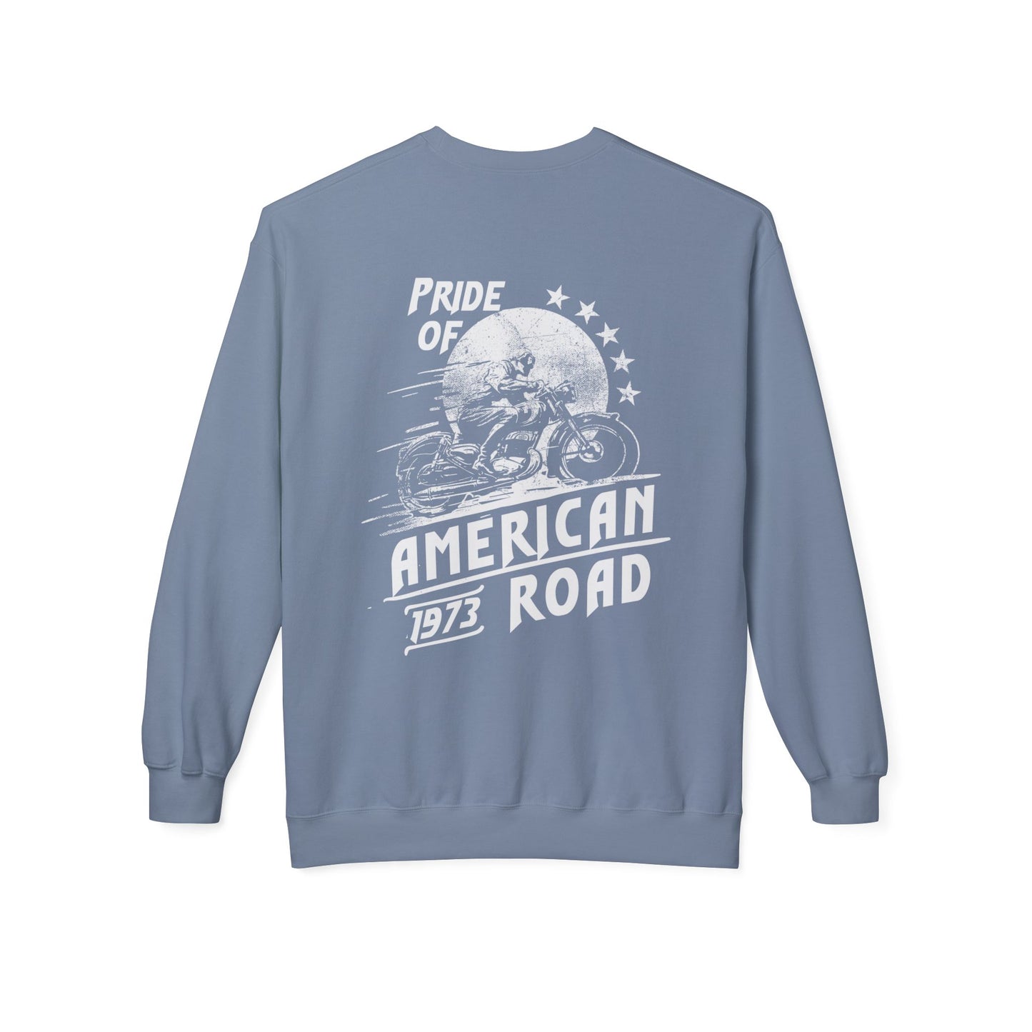Pride of American Road Crewneck Sweatshirt, Cozy Unisex Fleece Top, Ideal Gift for Bikers, Road Trip Apparel, 1973 Vintage Style