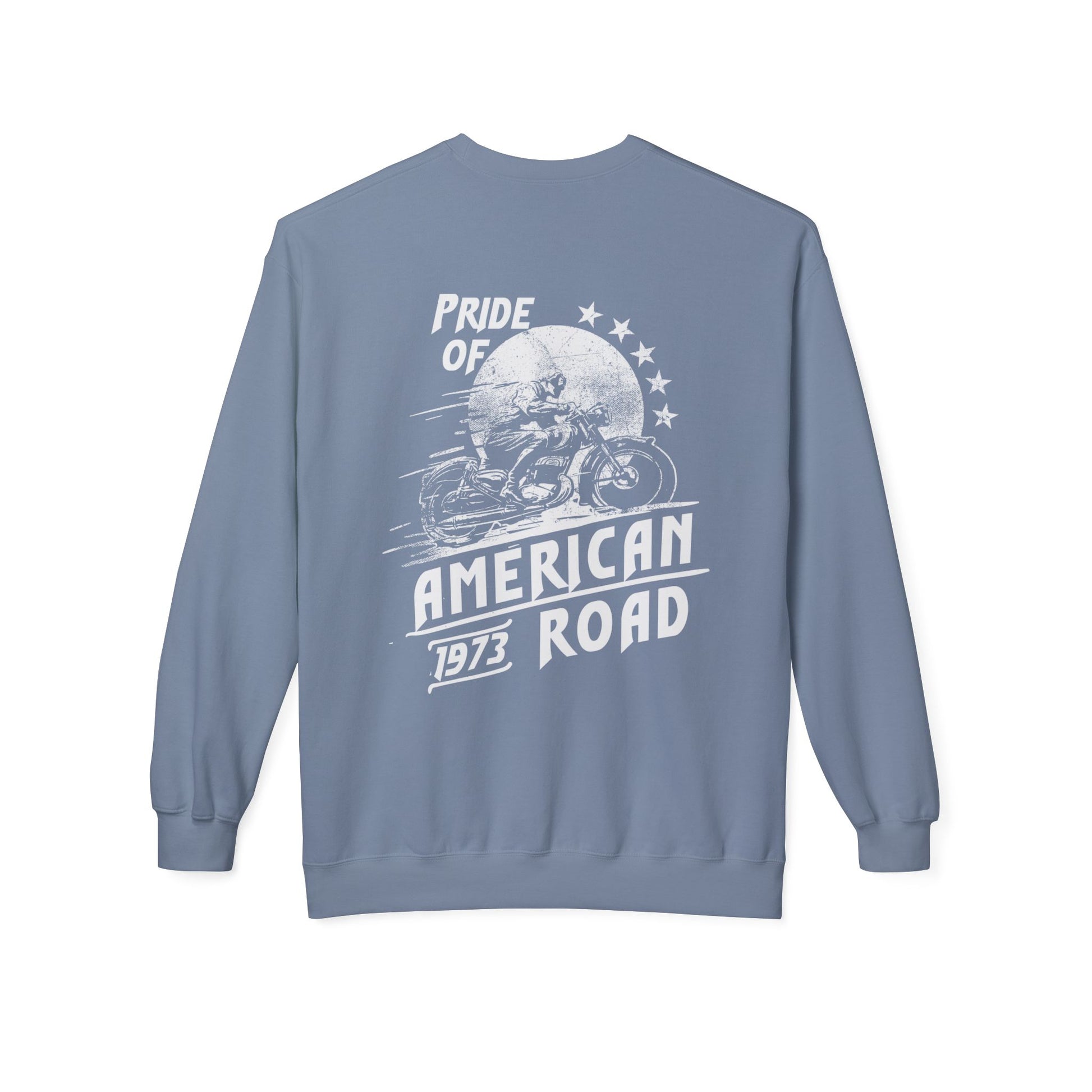 Pride of American Road Crewneck Sweatshirt, Cozy Unisex Fleece Top, Ideal Gift for Bikers, Road Trip Apparel, 1973 Vintage Style