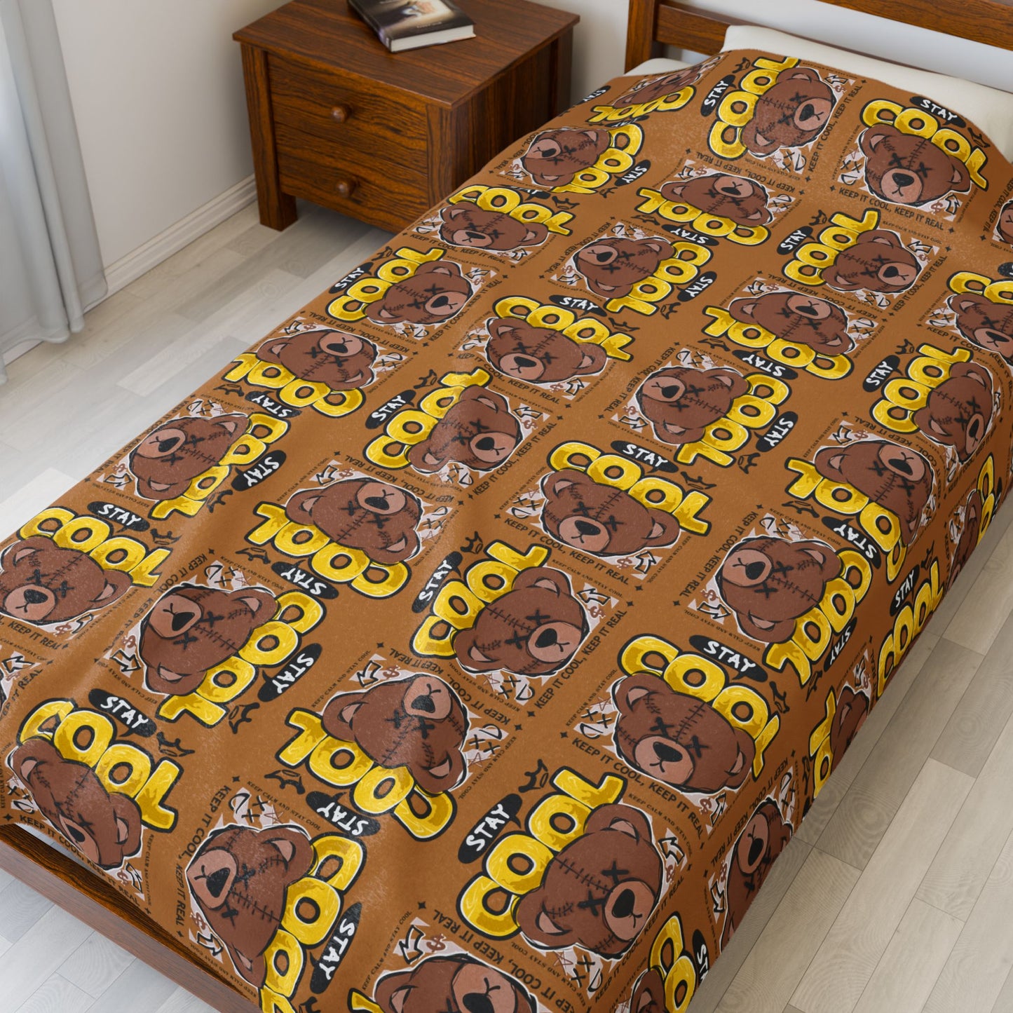 "Stay Cool" Brown Bear Graphic Velveteen Plush Blanket – Soft Throw with "Keep It Real" Quote – Urban Streetwear Home Decor 60" × 80"