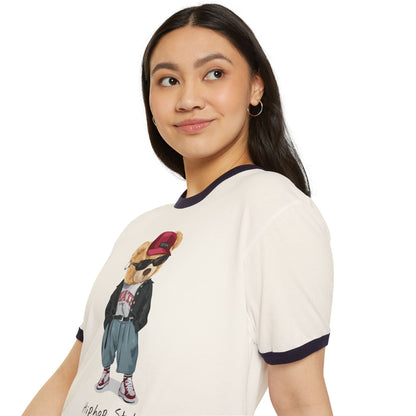 Hip Hop Bear Unisex Cotton Ringer T-Shirt, Cute Graphic Tee, Retro Style T-Shirt, Streetwear Apparel, Gift for Music Lovers