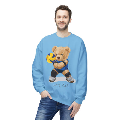 Cheerful Volleyball Bear Crewneck Sweatshirt, Cozy Fleece Top, Cute Sports Apparel, Unisex Gift for Athletes, Casual Wear, Let's Go!