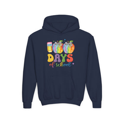 Colorful 100 Days of School Hoodie for Kids, Fun Sweatshirt for Students, Back to School Gift, Rainbow Apple Design, Classroom Navy