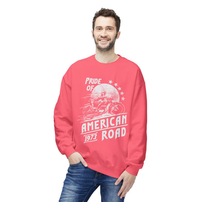 Pride of American Road Crewneck Sweatshirt, Cozy Unisex Fleece Top, Ideal Gift for Bikers, Road Trip Apparel, 1973 Vintage Style