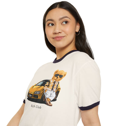Rich Club Bear Unisex Cotton Ringer T-Shirt, Casual Wear, Streetwear, Gift for Car Lovers, Fun Graphic Tee