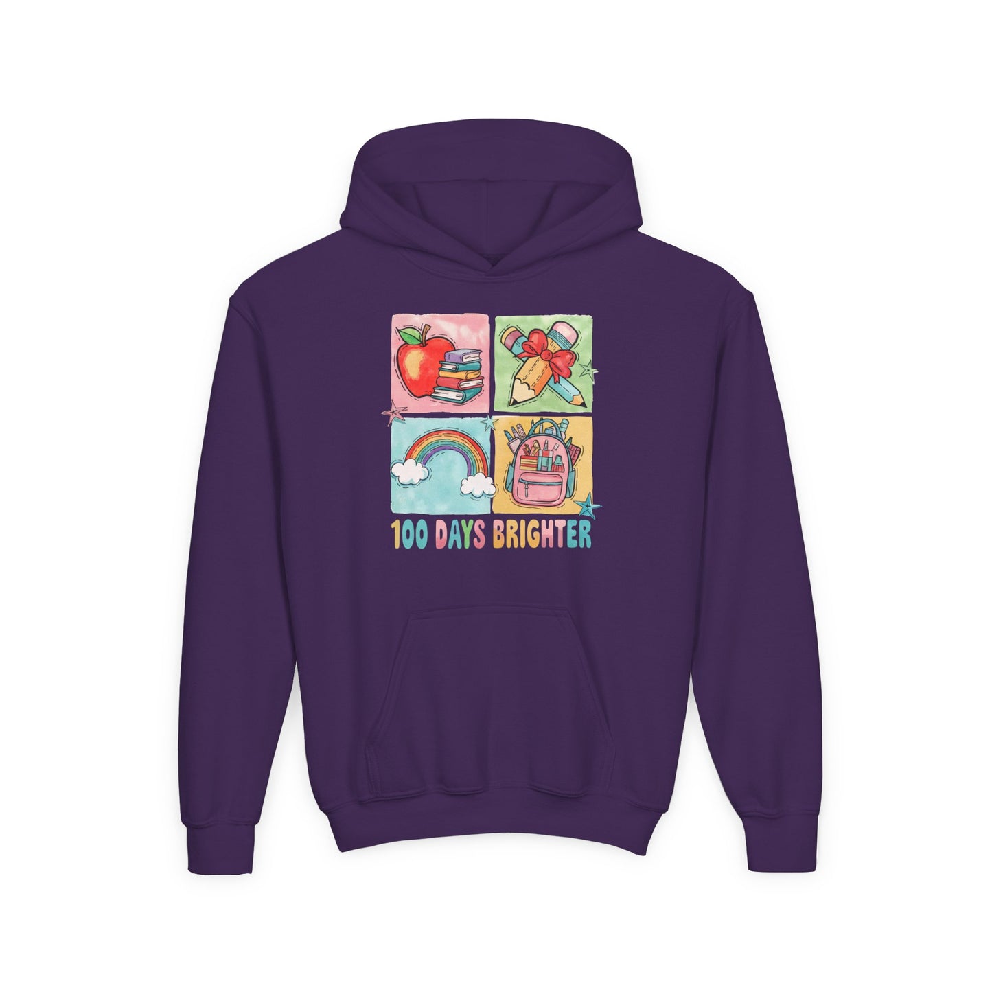 Youth Hoodie with Colorful Design – Perfect for Kids, Back to School, Gifts, Everyday Wear, Fun Celebrations, 100 Days Brighter Purple