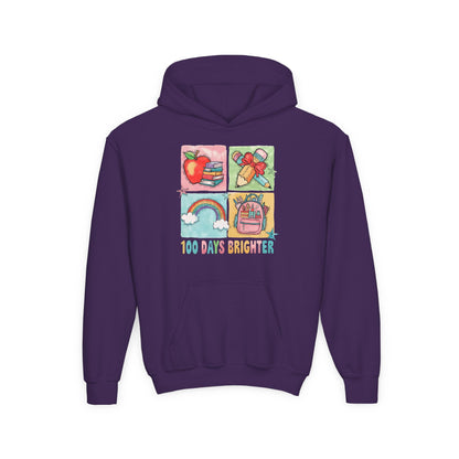 Youth Hoodie with Colorful Design – Perfect for Kids, Back to School, Gifts, Everyday Wear, Fun Celebrations, 100 Days Brighter Purple