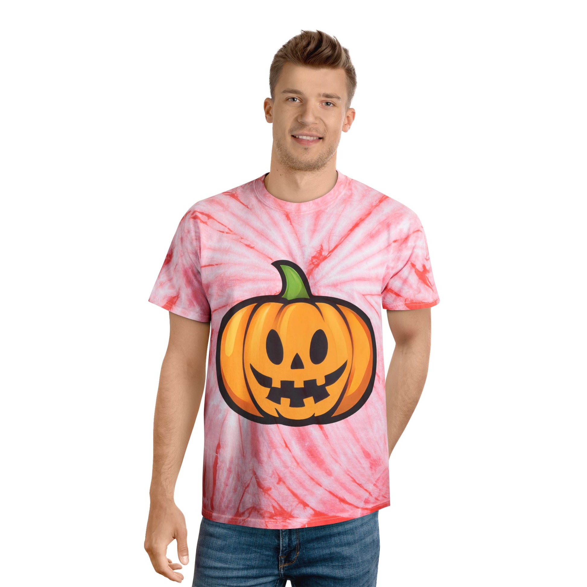 Halloween Tie-Dye Tee with Pumpkin Design, Unisex T-Shirt, Vibrant Graphic Tee, Fall Apparel, Spooky Season Shirt - Cozy Kawaii LLC
