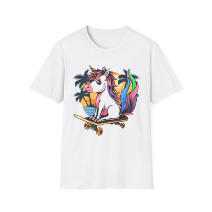 Skateboarding Unicorn T-Shirt, Cute Graphic Tee for Teens, Fun Summer Wear, Gifts for Unicorn Lovers, Beach Day Outfit White