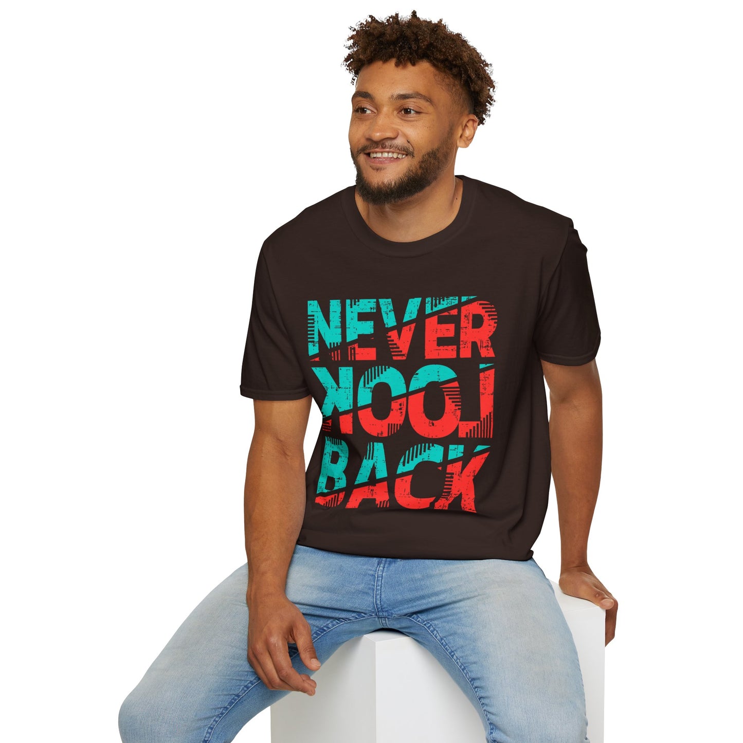 Unisex Softstyle T-Shirt with 'Never Look Back' Design - Motivational Graphic Tee for Daily Wear, Gifts, Casual Outings, Street Style