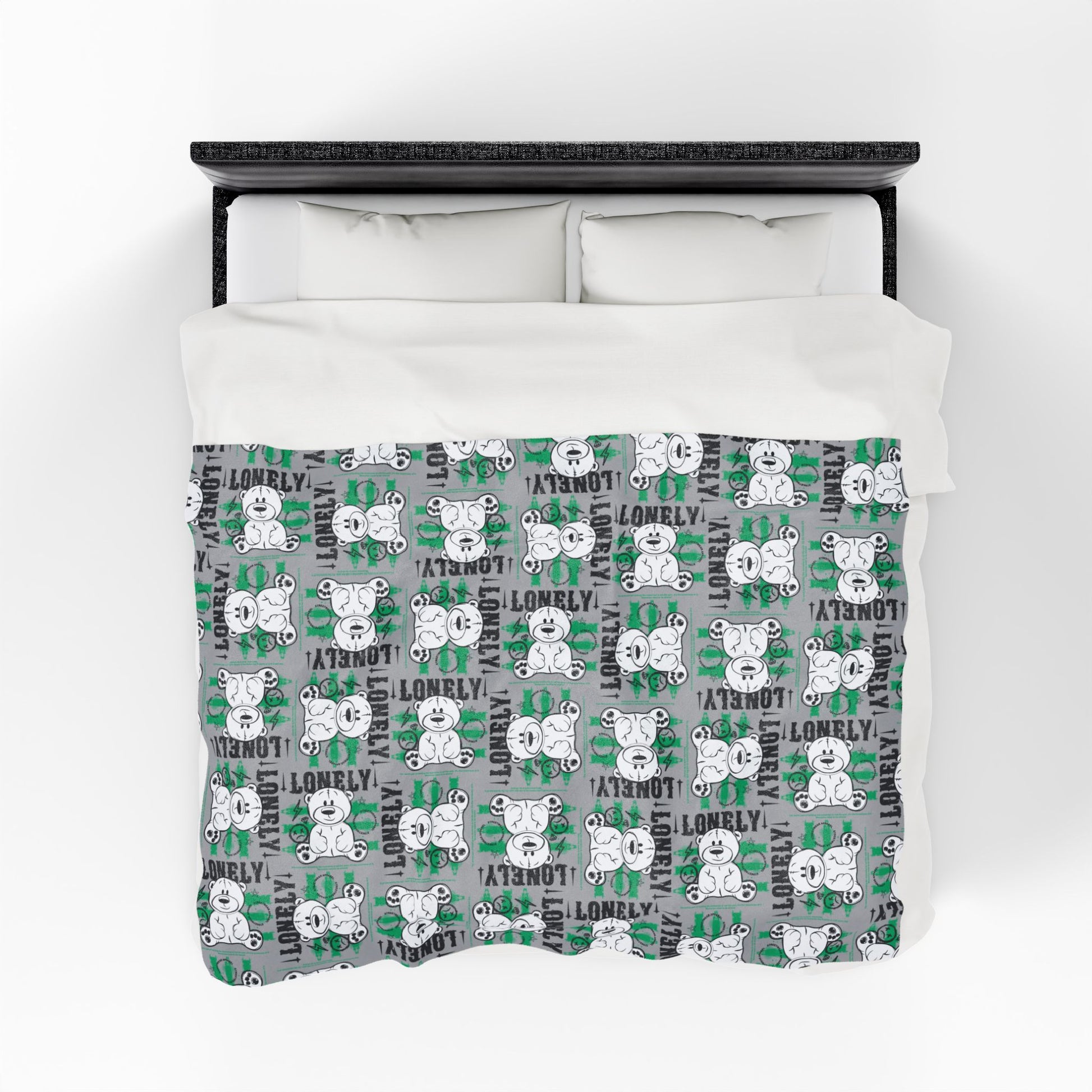 "Lonely" Teddy Bear Graphic Velveteen Plush Blanket – Soft Grey Throw for Home Decor – Introspective Streetwear Style